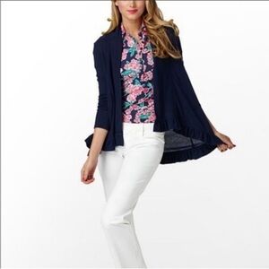 Lilly Pulitzer‎ Navy Blue Ruffle Hem Open Front Cardigan Sweater Size Small